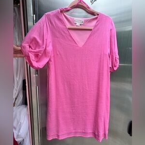 Love Riche Pink V-Neck Short Sleeve linen blend dress NWT size small